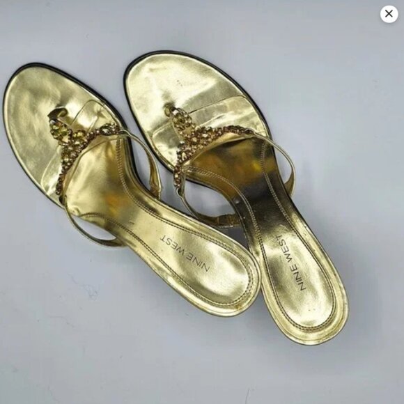 Nine West Gold Heeled Thong Sandals with Jewel Embellishments | Size 11 | EUC - Picture 7 of 9